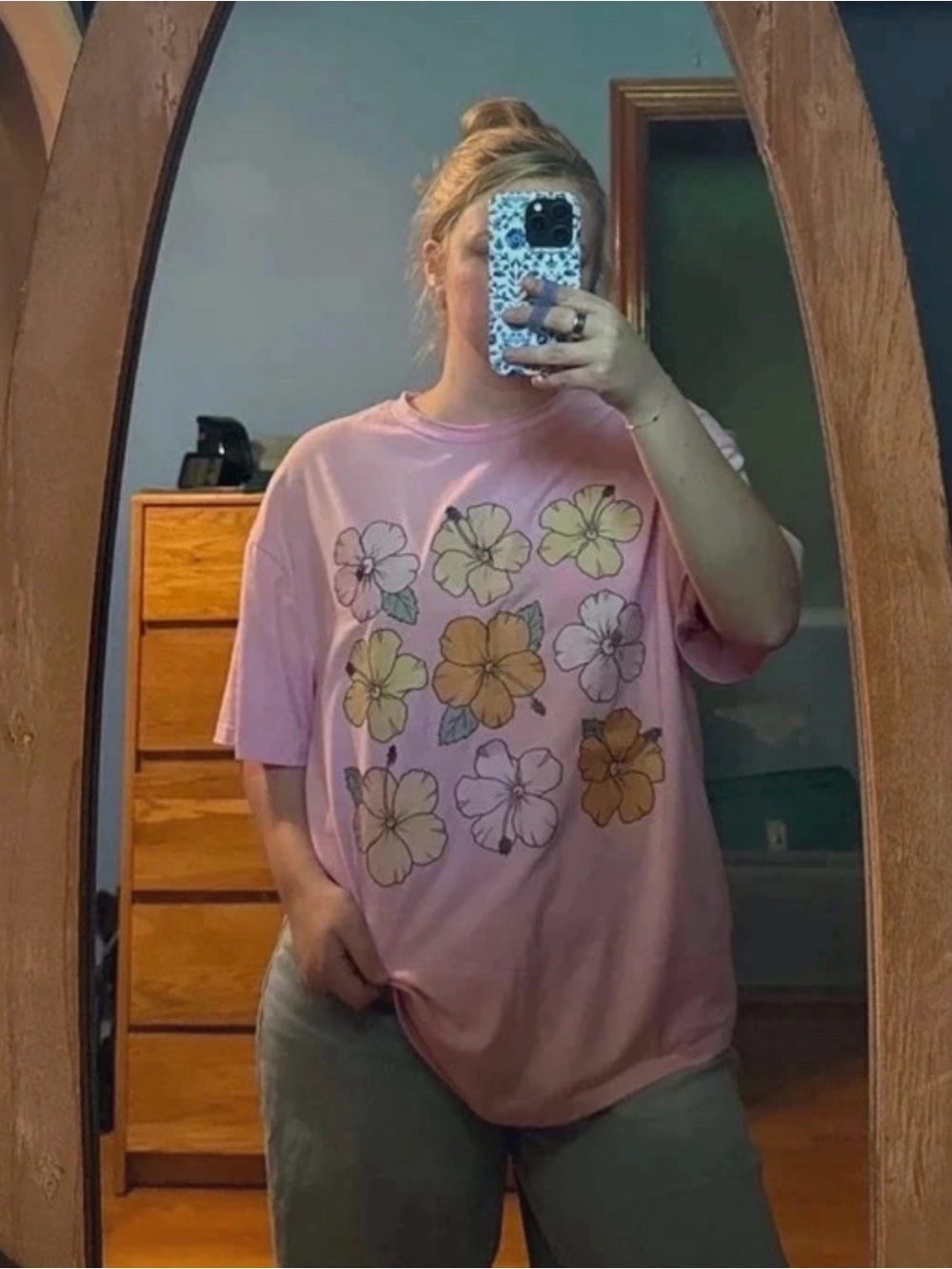 SHEIN Pink Tee with Yellow & White Floral Graphic